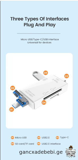 mravalfunqciuri 6 in 1 OTG SD baraTis wamkiTxveli