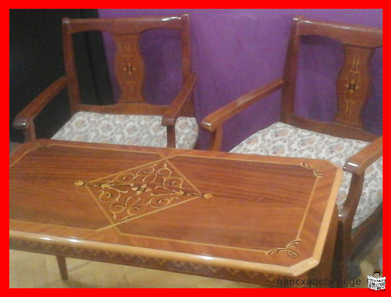 original Lotus Lotos Made in Romania coffee table / magazine table and two (2) armchair