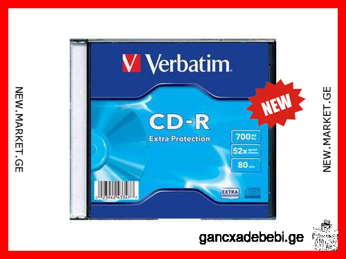axali Verbatim 52x CD-R diskebi 700MB Extra Protection Surface in slim case